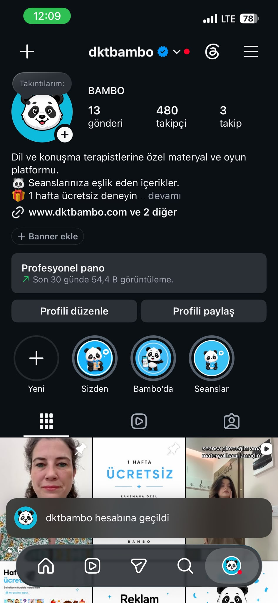 Bambo Instagram hesabında 54,4 bin görüntülemeyi gösteren profesyonel pano ekranı